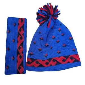 Vintage Lands End Wool Beanie Headband Set Blue Red Geometric Pom Pom One Size